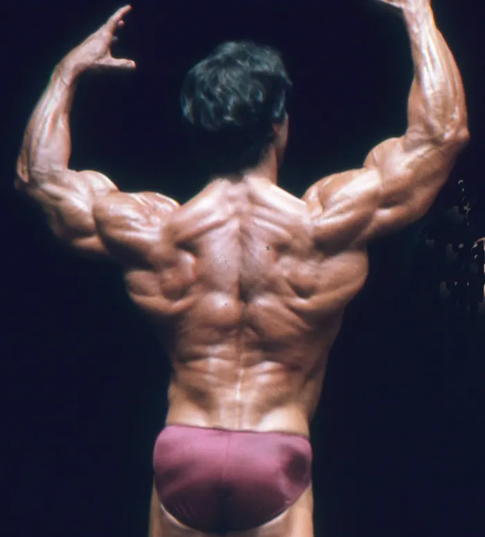 A vivid color on-stage back double-biceps pose with extraordinary muscle separation against black.