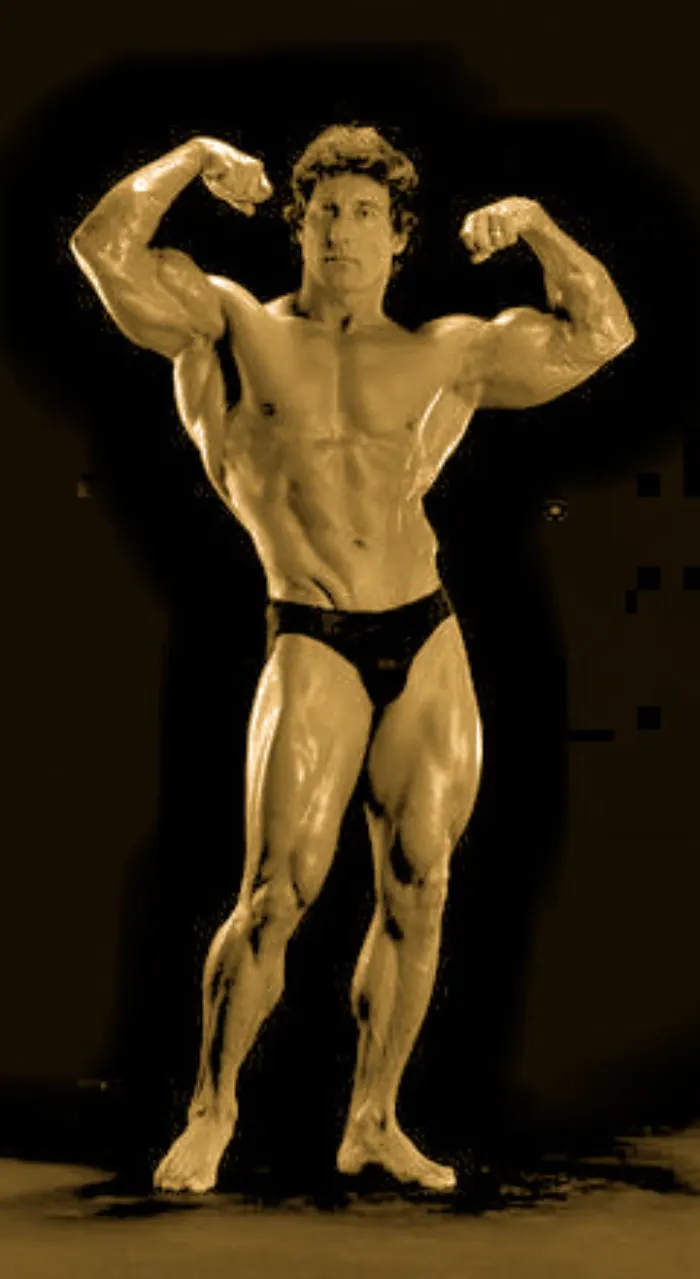 A clean sepia-toned front double-biceps studio shot with strong lighting and symmetry.