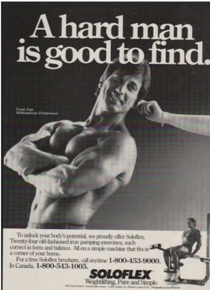 An iconic 1980s Soloflex print-ad portrait, a strikingly composed close-up.