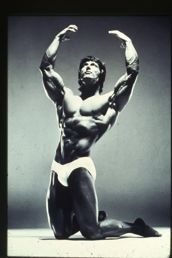 A large print of the kneeling arms-overhead pose from the Avedon shoot, a distinct silhouette.