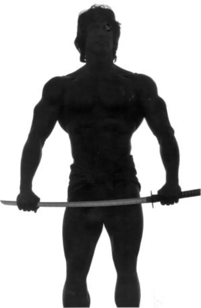 A full-silhouette studio concept shot wielding a katana against pure white.